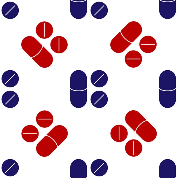 Azul y rojo Dolor de muelas icono de la tableta analgésica patrón inconsútil aislado sobre fondo blanco. Medicina para el cuidado dental. Cápsula pastilla y droga. Diseño de farmacia. Vector — Vector de stock