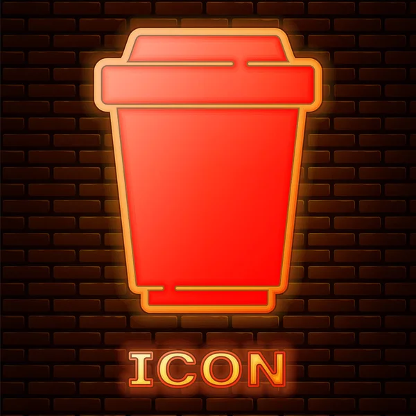 Glowing neon Coffee cup to go icon isolated on brick wall background. Vector — Stock Vector
