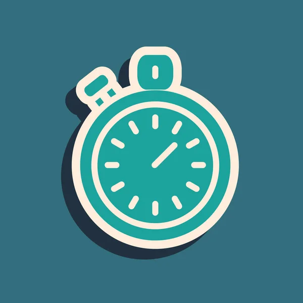 Green Stopwatch icoon geïsoleerd op groene achtergrond. Tijdklok teken. Chronometerteken. Lange schaduw stijl. Vector — Stockvector