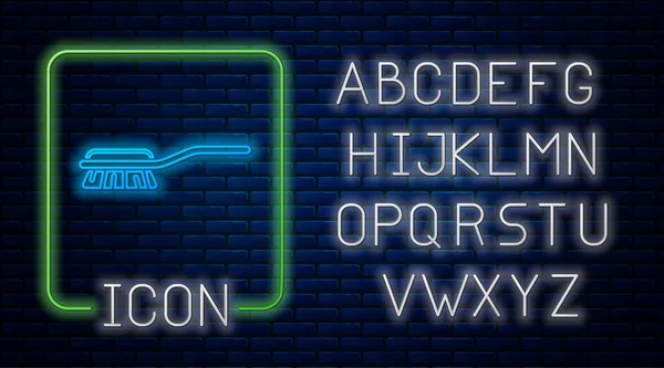 Escova de cabelo neon brilhante para cão e gato ícone isolado no fundo da parede de tijolo. Escova para peles de animais. Acessório de estimação. Alfabeto claro de néon. Vetor — Vetor de Stock
