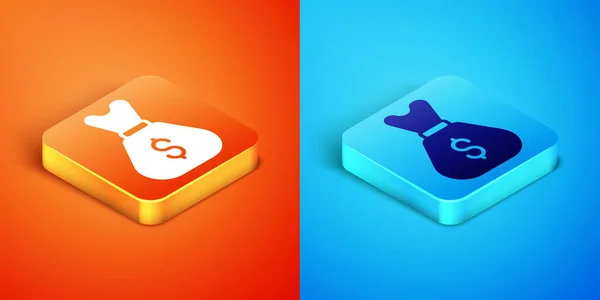 Isometric Old money bag icon isolated on orange and blue background. Cash Banking currency sign. Vector — Stock vektor