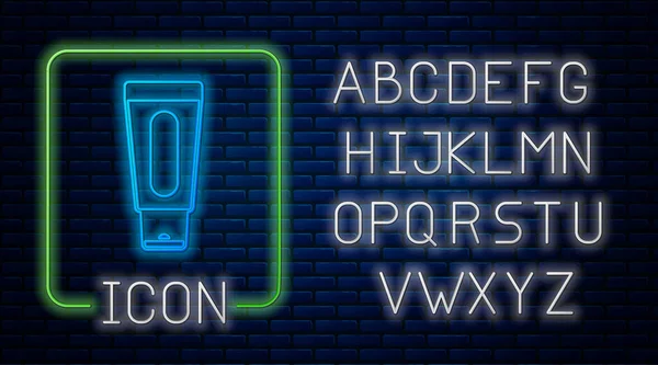 Tubo de néon brilhante do ícone de creme de mão isolado no fundo da parede de tijolo. Alfabeto claro de néon. Vetor — Vetor de Stock