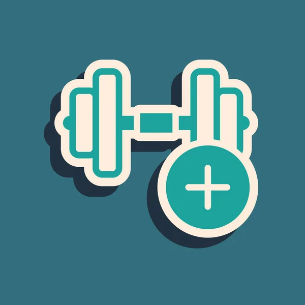 Green Dumbbell icon isolated on green background. Muscle lifting, fitness barbell, sports equipment. Long shadow style. Vector — Διανυσματικό Αρχείο