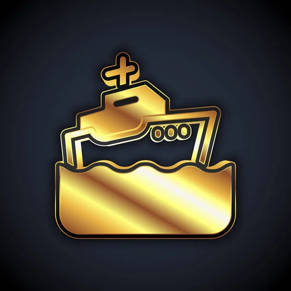 Icono de crucero dorado aislado sobre fondo negro. Turismo de viajes transporte náutico. Pasajero de travesía, crucero. Crucero mundial. Vector — Vector de stock
