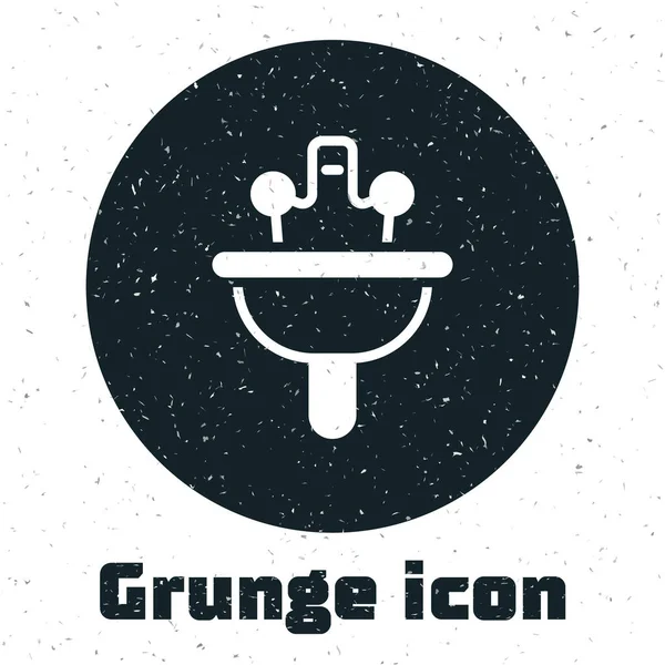 Lavabo Grunge con icono de grifo de agua aislado sobre fondo blanco. Dibujo vintage monocromo. Vector — Vector de stock