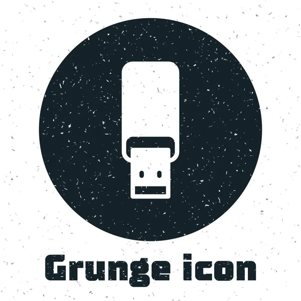 Grunge USB flash drive icon isolated on white background. Monochrome vintage drawing. Vector — Image vectorielle