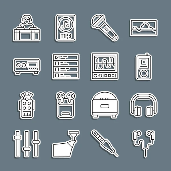 Set Air kulaklıkları, kulaklıklar, müzik çalar, mikrofon, çalma listesi, gitar amplifikatörü, DJ müzik ve osiloskop ikonu. Vektör