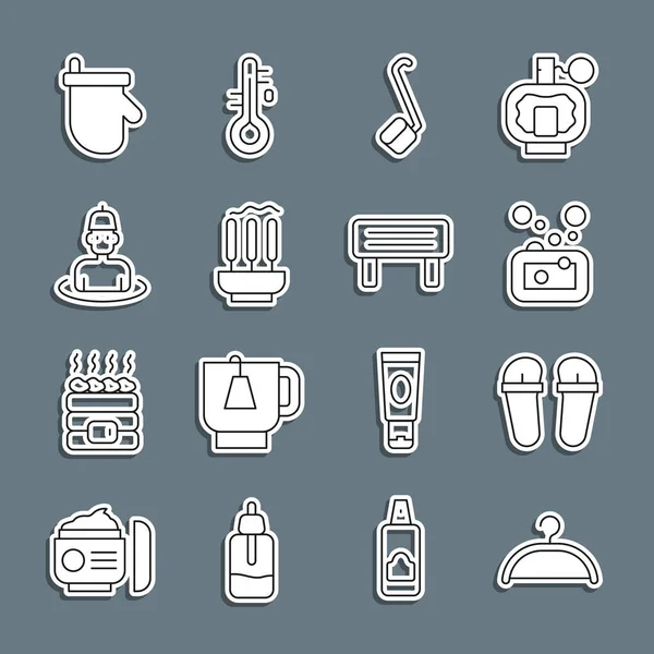 Set line Hanger wardrobe, Flip flops, Bar of soap, Sauna ladle, Incense sticks, Man in the sauna, mittens and wood bench icon. Vector — Stockvector