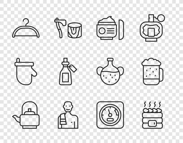 Set line Kettle with handle, Hot sauna stones, Cream or lotion cosmetic tube, Man in the, Hanger wardrobe, Essential oil bottle, Sauna thermometer and Wooden beer mug icon. Vector — Stockvektor