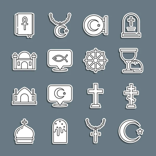 Set line Star and crescent, Christian cross, Holy grail or chalice, fish, Muslim Mosque, Cross ankh book and Dharma wheel icon. Vector — Stock Vector