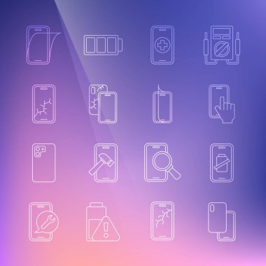 Akıllı telefon, akü şarjı, telefon tamir servisi, bozuk ekranlı cep telefonu, cam koruyucu ve simge. Vektör