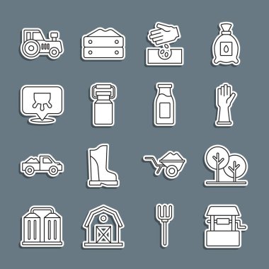 Çizgi, ağaç, lastik eldivenler, tohumlar süt, meme, traktör ve ikonlu şişe için konteynır. Vektör