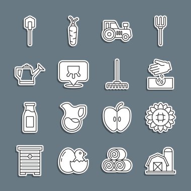 Çiftlik evi, ayçiçeği, tohumlar, traktör, meme, su kovası, kürek ve bahçe tırmık ikonu. Vektör