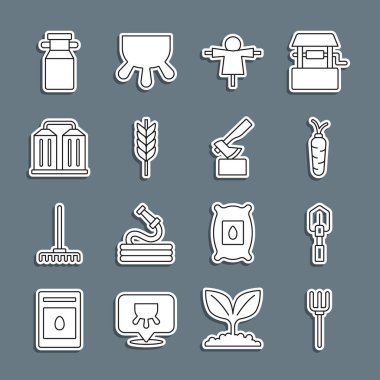 Bahçe yabası, kürek, havuç, korkuluk, buğday, tahıl ambarı, konserve sütü ve tahta balta ikonu. Vektör