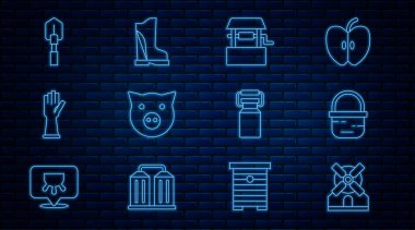 Yel değirmeni, Basket, Domuz, Lastik Eldiven, Kürek, süt için konteynır ve su geçirmez lastik bot ikonu. Vektör