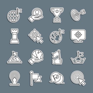 Ok, katlanmış kağıt bot, ödül kupası, Satranç, Gezegen bayrağı ve ikon ile nişan alın. Vektör