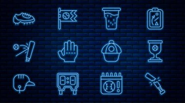 Set hattı kırık beyzbol sopası, ödül kupası, bir bardak bira, beyzbol eldiveni, bot, şapka ve bayrak simgesi. Vektör