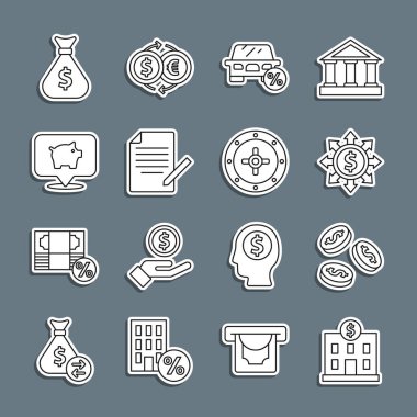 Banka binası, dolar, dolar, hisse, ağ, araba kiralama yüzdesi, belge ve kalem, domuz kumbarası, para çantası ve kasa ikonu. Vektör