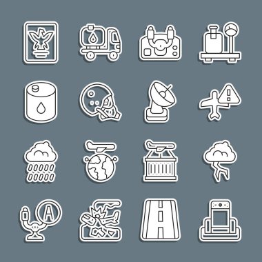 Havaalanında Metal detektörü, Storm, Warning uçakları, Uçak dümeni, Modern pilot miğferi, Fıçı yağı, Pasaport ve Radar ikonu ayarlayın. Vektör