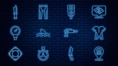 Deniz tarağı kabuğu, dalgıç kıyafeti, ölçü ölçeği, köpekbalığı, dalış bıçağı, zıpkın ve ikon. Vektör