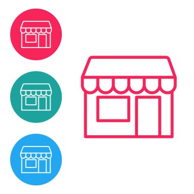 Kırmızı hat alışveriş binası veya market simgesi beyaz arka planda izole edildi. Dükkan inşaatı. Simgeleri daire düğmelerine ayır. Vektör