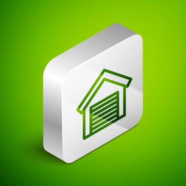 Isometric Line Garaj simgesi yeşil arkaplanda izole edildi. Gümüş kare düğme. Vektör