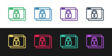 Satırı HTTPS ve SSL simgesi ile güvenli hale getirin. Siyah ve beyaz arkaplanda izole edilmiş. İnternet iletişim protokolü. Vektör