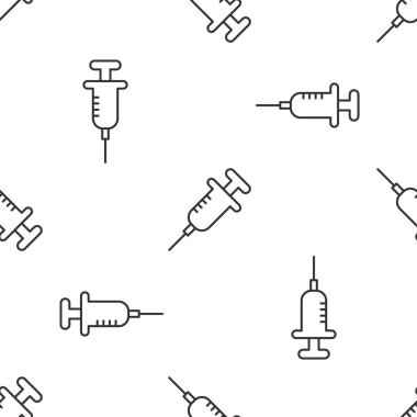 Gri çizgi şırınga ikonu beyaz arka planda izole edilmiş kusursuz desen. Aşı için şırınga, aşı, iğne, grip aşısı. Tıbbi ekipman. Vektör