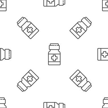 Gri çizgi ilaç şişesi ve ilaç ikonu beyaz arka planda izole edilmiş kusursuz desen. İlaç paketi. Tablet, vitamin, antibiyotik, aspirin. Vektör.