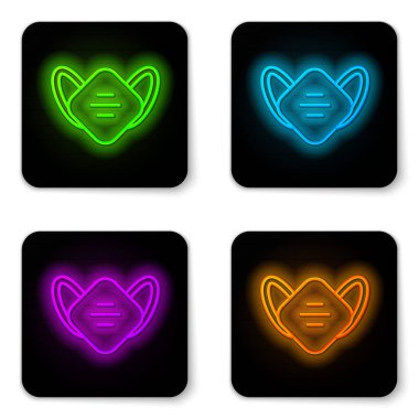 Parlayan neon hattı tıbbi koruyucu maske simgesi beyaz arka planda izole edildi. Siyah kare düğme. Vektör.