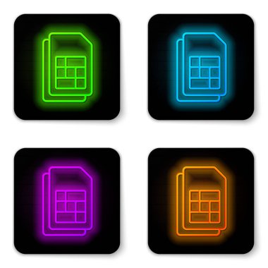 Parlayan neon hattı Sim kart simgesi beyaz arkaplanda izole edildi. Cep telefonu sim kart çipi. Mobil telekomünikasyon teknolojisi sembolü. Siyah kare düğme. Vektör