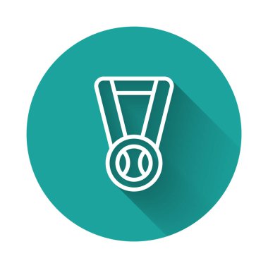 Beyzbol topu ikonuna sahip beyaz çizgi madalyası uzun gölgeli arka plan. Kazanan sembol. Yeşil daire düğmesi. Vektör