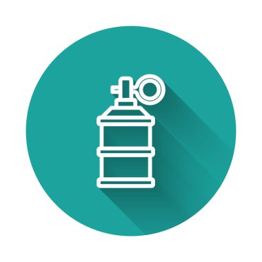 Beyaz çizgi El bombası ikonu uzun gölge arkaplan izole. Bomba patlaması. Yeşil daire düğmesi. Vektör