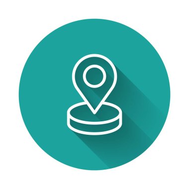 Beyaz çizgi harita pin simgesi uzun gölge arkaplanı ile izole edildi. Navigasyon, işaret, konum, harita, GPS, yön, yer, pusula, arama konsepti. Yeşil daire düğmesi. Vektör