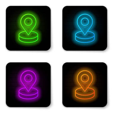 Parlayan neon çizgi haritası simgesi beyaz arkaplanda izole edildi. Navigasyon, işaret, konum, harita, GPS, yön, yer, pusula, arama konsepti. Siyah kare düğme. Vektör