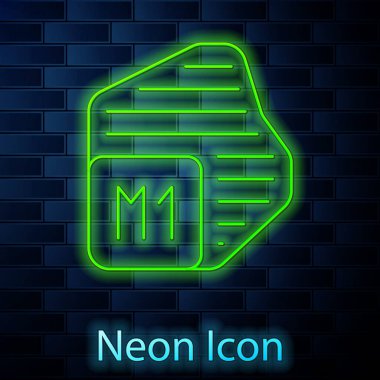 Parlayan neon hattı İşlemci simgesi tuğla duvar arka planında izole edildi. İşlemci, merkezi işlem birimi, mikroçip, mikro devre, bilgisayar işlemcisi, çip. Vektör