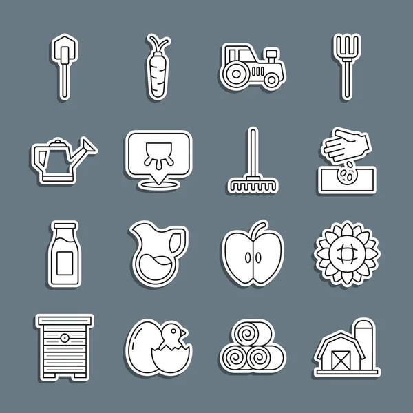 Çiftlik evi, ayçiçeği, tohumlar, traktör, meme, su kovası, kürek ve bahçe tırmık ikonu. Vektör