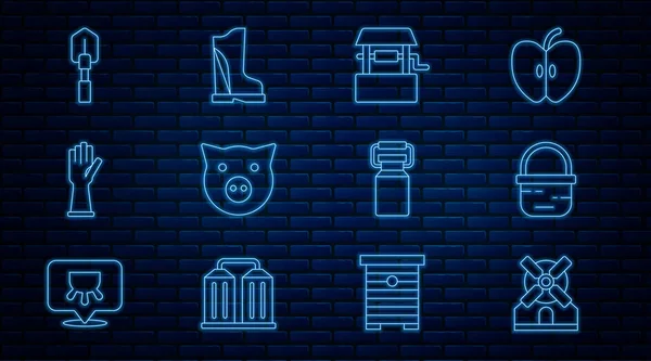 Yel değirmeni, Basket, Domuz, Lastik Eldiven, Kürek, süt için konteynır ve su geçirmez lastik bot ikonu. Vektör