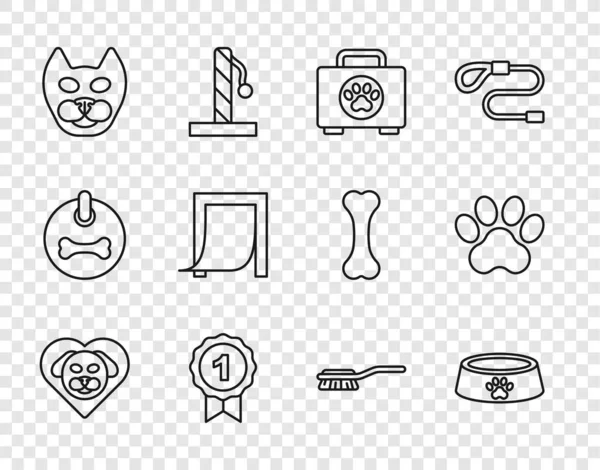 Çizgiyi köpekli kalp, evcil hayvan yemek kasesi, ilk yardım çantası, köpek ödül sembolü, kedi, evcil hayvan için kapı, saç fırçası ve kedi ve pençe izi ikonu ile belirleyin. Vektör
