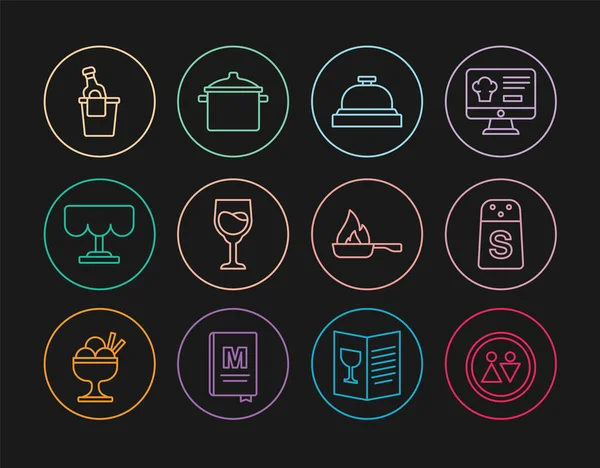 Set line Toilet, Salt, Hotel service bell, Wine glass, Wooden table, Champagne an bucket, Frying pan and Cooking pot icon. Vector