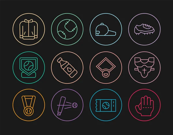 Beyzbol eldiveni, oyuncu göğüs koruyucusu, kapak, bir şişe su, taban, tişört, saha ve ikon. Vektör