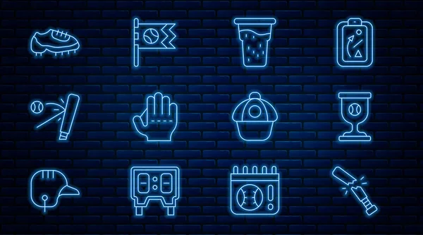 Set hattı kırık beyzbol sopası, ödül kupası, bir bardak bira, beyzbol eldiveni, bot, şapka ve bayrak simgesi. Vektör