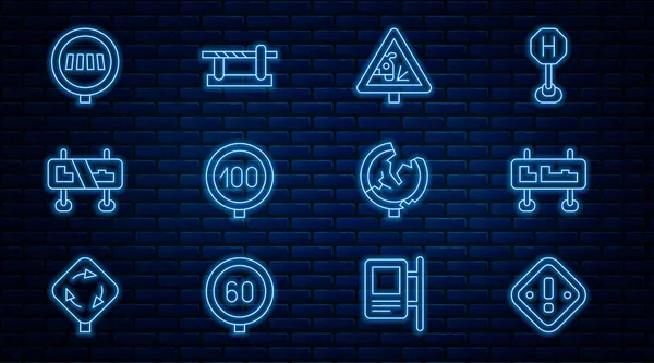 Set line Exclamation mark in triangle, Road traffic sign, Warning road, Speed limit, Pedestrian crosswalk, and Parking car barrier icon. Vector —  Vetores de Stock