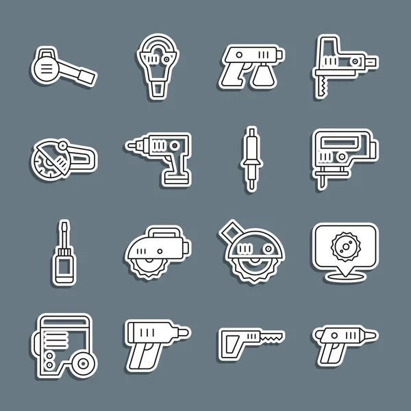 Elektrik kablosuz tornavida, elektrikli testere, yapboz, sprey tabanca, açılı öğütücü, yapraklı bahçe üfleyicisi ve lehim makinesi. Vektör