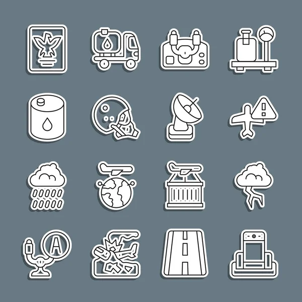 Havaalanında Metal detektörü, Storm, Warning uçakları, Uçak dümeni, Modern pilot miğferi, Fıçı yağı, Pasaport ve Radar ikonu ayarlayın. Vektör