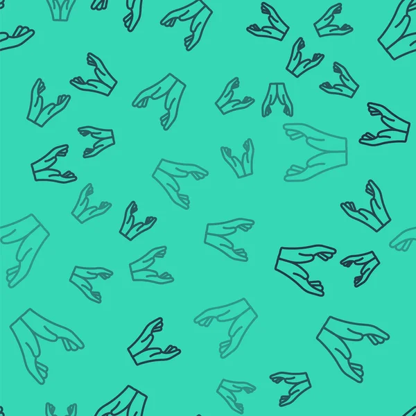 Siyah çizgi Eller dua pozisyonunda ikon yeşil arka planda izole edilmiş pürüzsüz desen. Tanrı 'ya inanç ve umutla dua edin. Vektör İllüstrasyonu