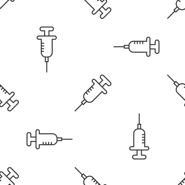 Línea gris Icono de jeringa aislado patrón sin costuras sobre fondo blanco. Jeringa para vacuna, vacunación, inyección, vacuna contra la gripe. Equipo médico. Vector — Archivo Imágenes Vectoriales