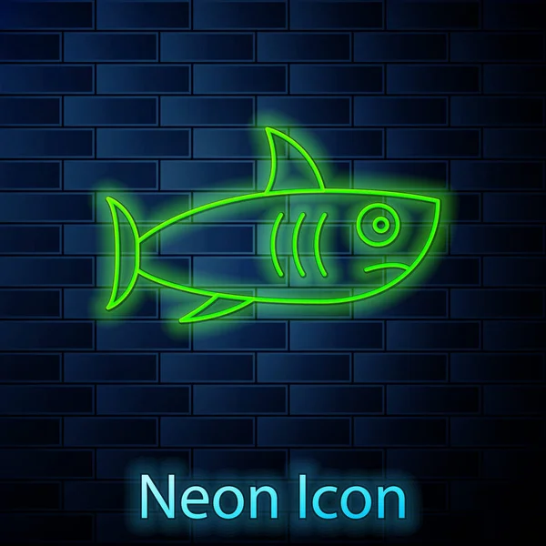 Icono de tiburón de línea de neón brillante aislado en el fondo de la pared de ladrillo. Vector. — Archivo Imágenes Vectoriales
