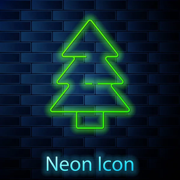 Leuchtende Neon-Linie Weihnachtsbaum-Symbol isoliert auf Backsteinwand Hintergrund. Frohe Weihnachten und ein gutes neues Jahr. Vektor — Stockvektor