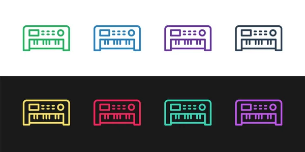 Set line Musik-Synthesizer-Symbol isoliert auf schwarzem und weißem Hintergrund. Elektronisches Klavier. Vektor — Stockvektor
